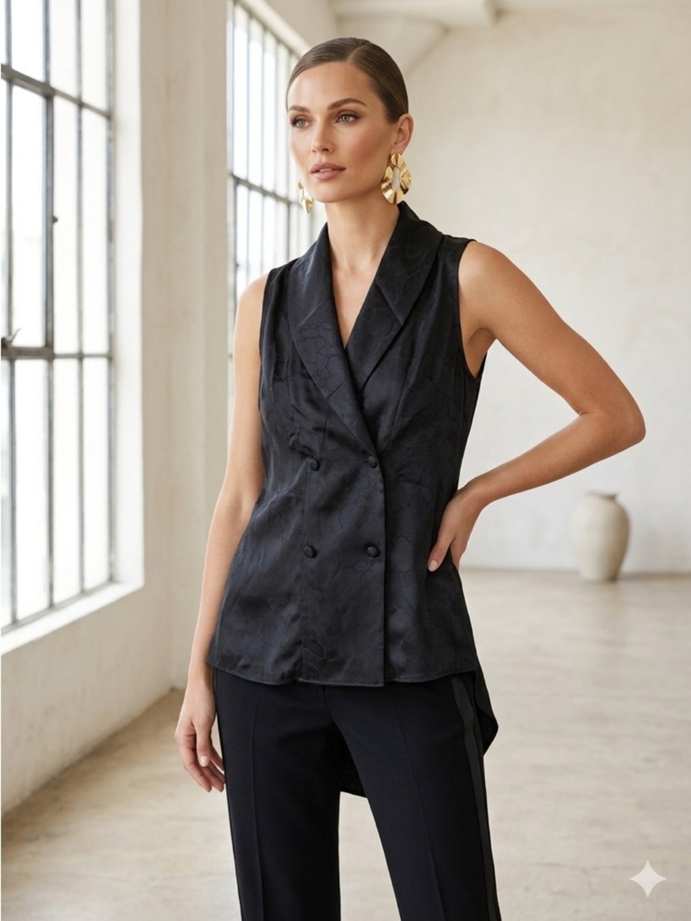 Black Silk Jacquard Double Breasted Tuxedo Vest Top - US 6 (Small) NWT